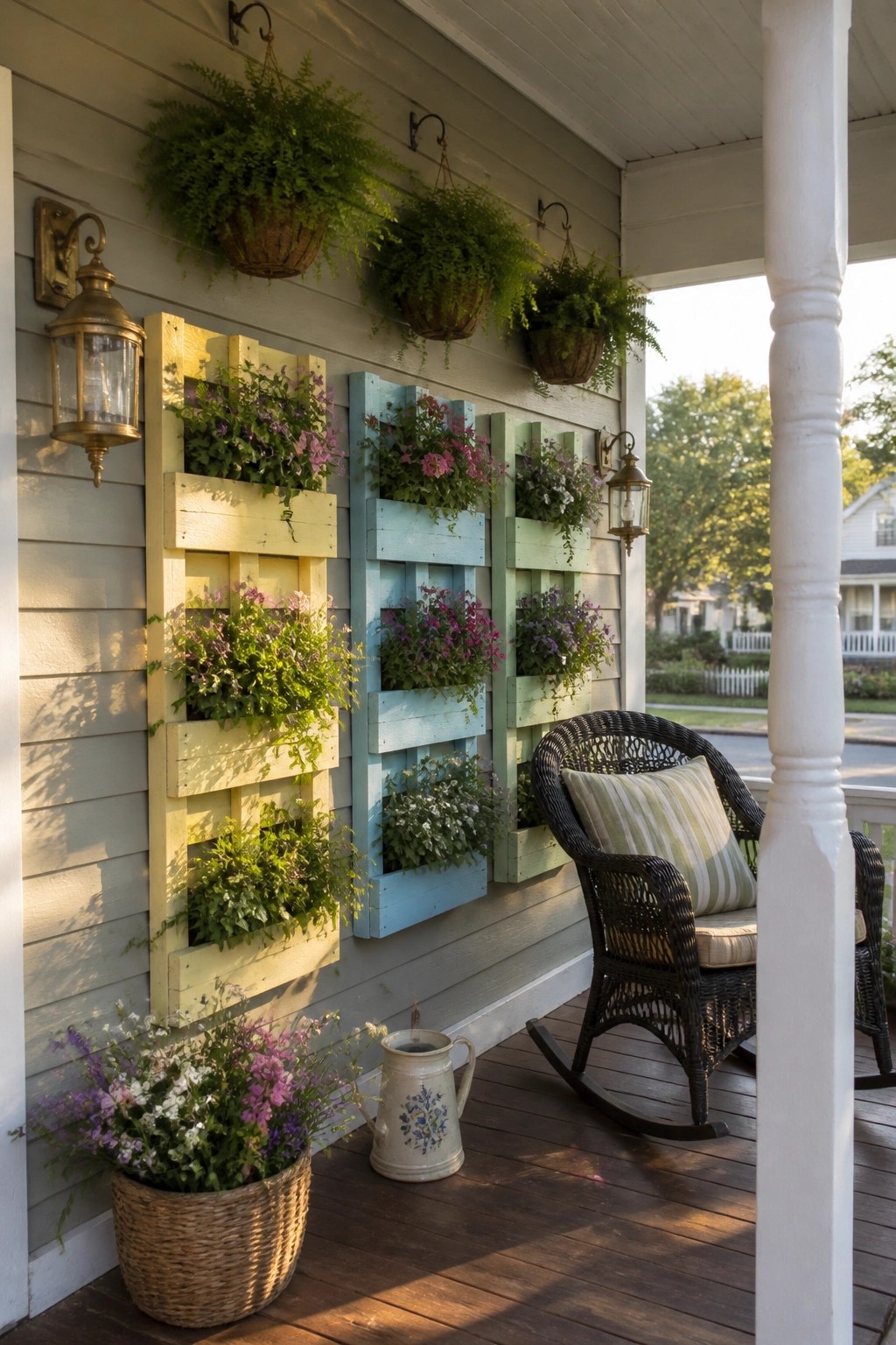 Three painted wooden pallets mounted vertically on a house wall as planters holding flowers, with a wicker chair nearby on a wooden porch.