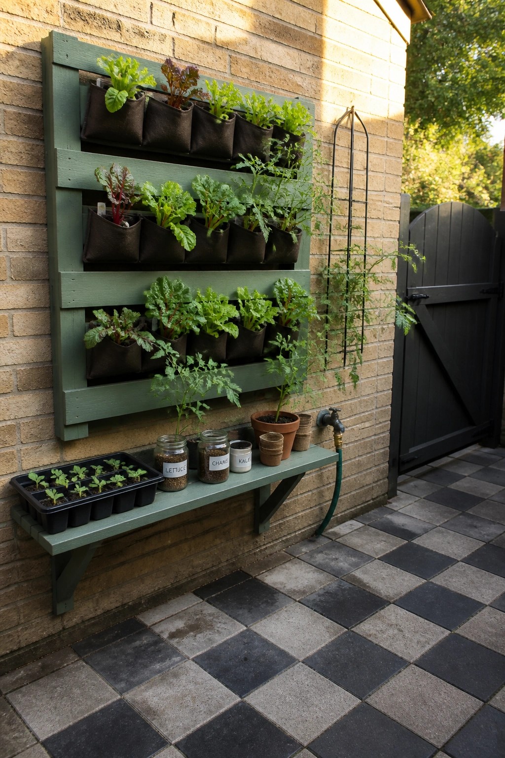 A green wooden wall-mounted structure with three tiers of dark fabric pockets containing leafy green and reddish plants, mounted on a brick wall above a lower shelf holding seedling trays and labeled jars.