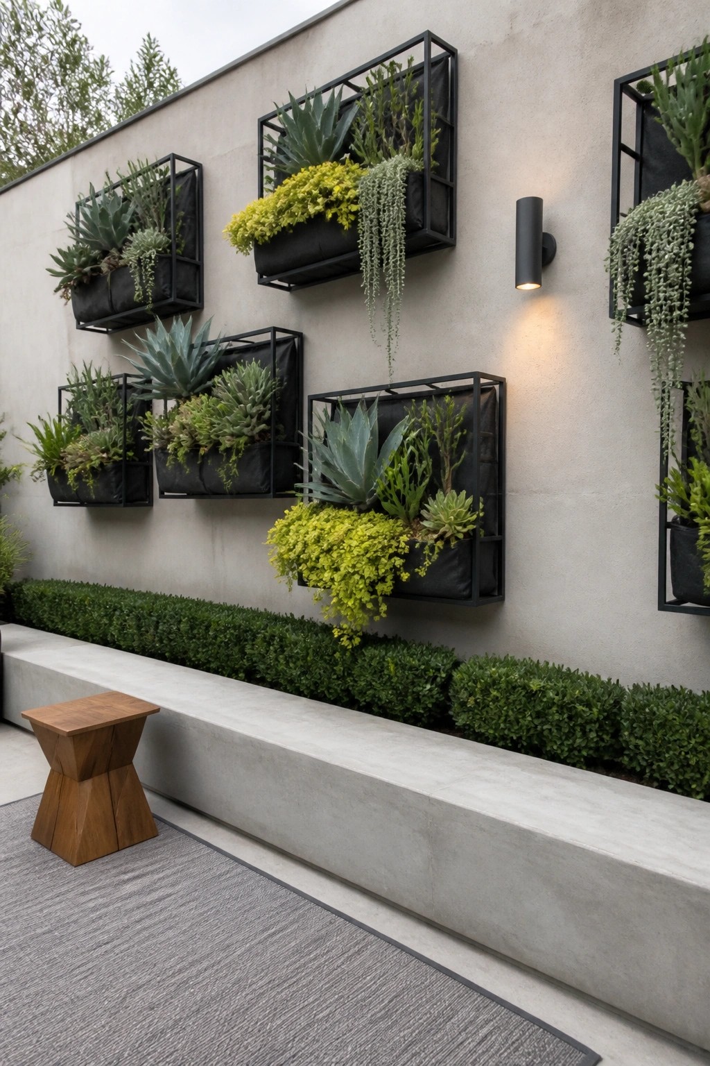 A concrete outdoor wall with multiple black-framed wall-mounted planters holding various succulents and trailing plants, above a low concrete border with green shrubs and a wooden stool in the foreground.