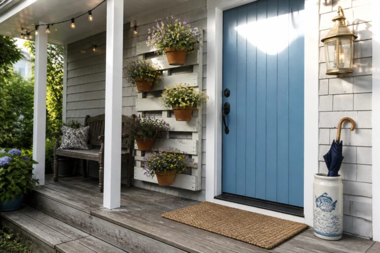 21 Colorful Pallet Flower Planter Ideas Designed for Trailing Blooms A weathered wooden pallet holding several terracotta pots of purple flowers is mounted on gray house siding next to a light blue front door on a wooden porch.