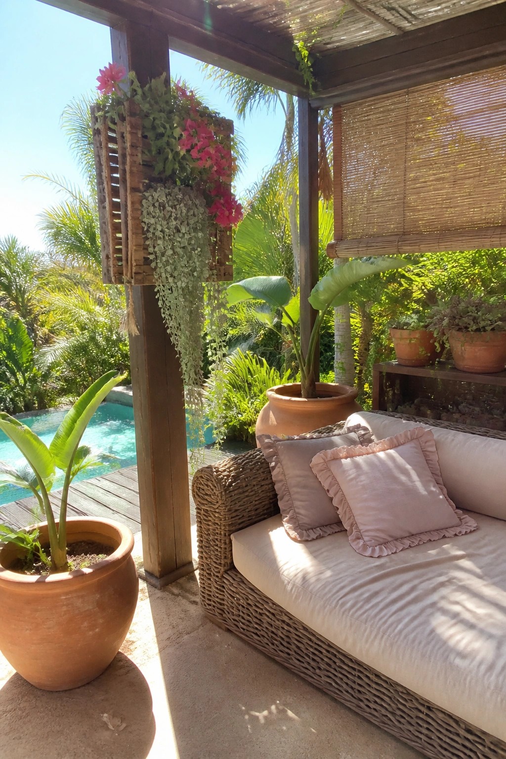 Wicker sofa with pink pillows on sunny tropical patio by pool