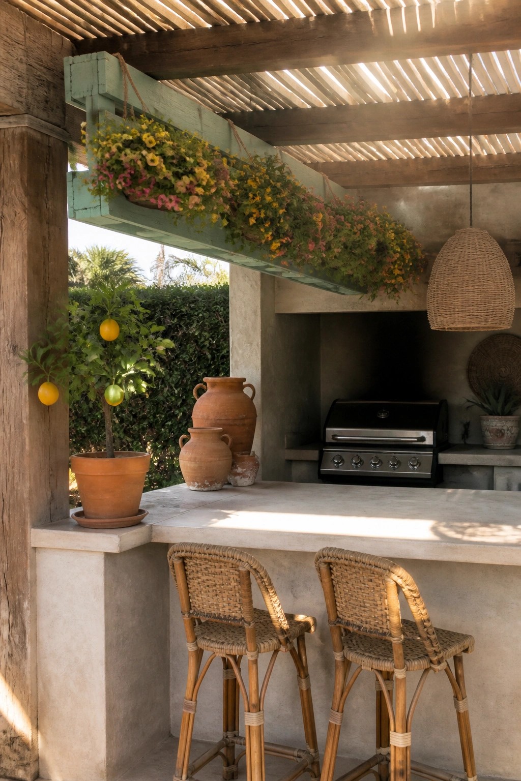 A green wooden hanging planter filled with colorful trailing flowers suspended above a concrete outdoor bar counter with two woven stools.