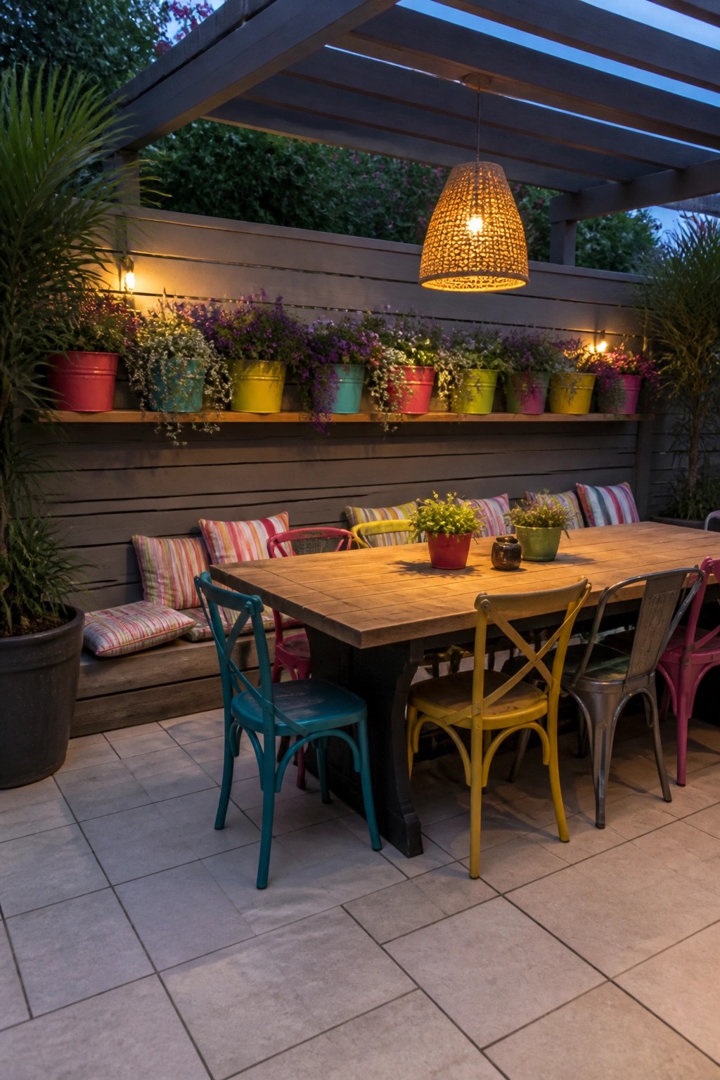 Outdoor wooden table with colorful chairs under pergola with hanging light and potted plants