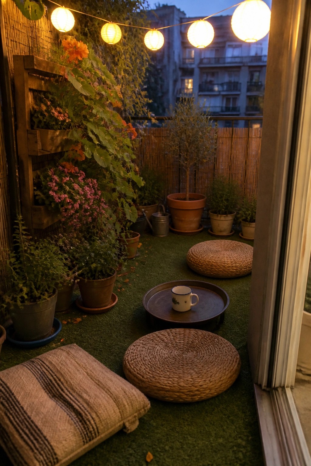 A wooden pallet mounted vertically on a balcony wall holds multiple potted plants with pink and orange flowers, next to woven floor mats on green turf.