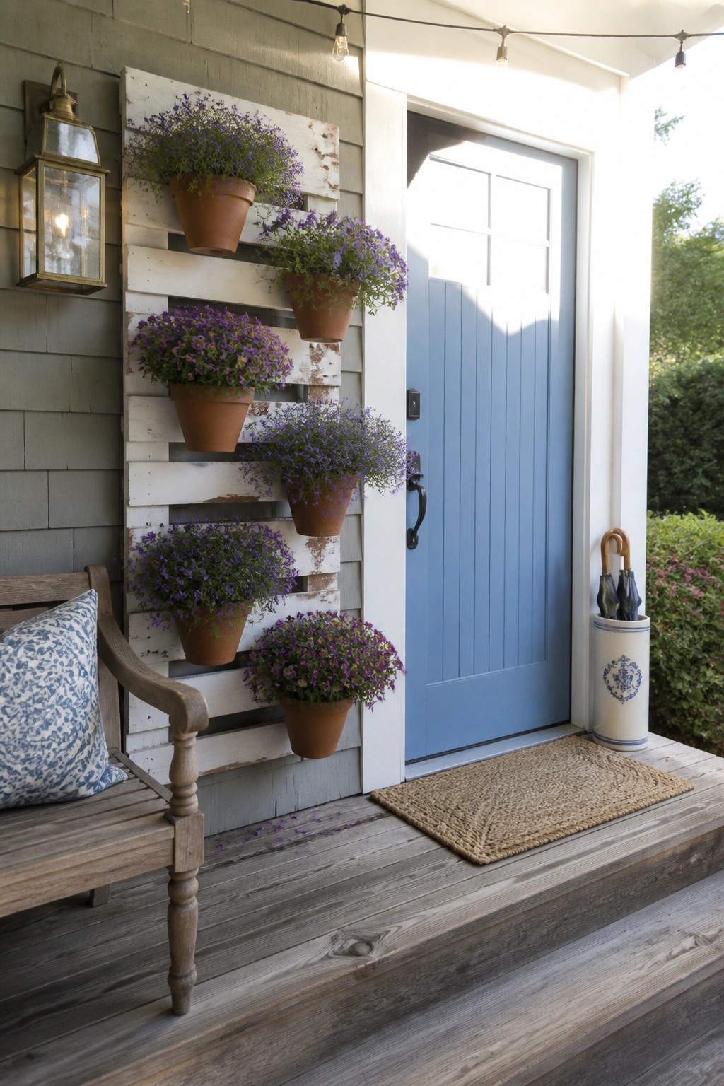 A weathered wooden pallet holding several terracotta pots of purple flowers is mounted on gray house siding next to a light blue front door on a wooden porch.