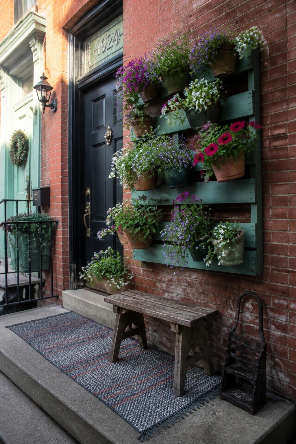 A green wooden pallet mounted on a red brick wall next to a black door, holding multiple potted flowers in various colors.