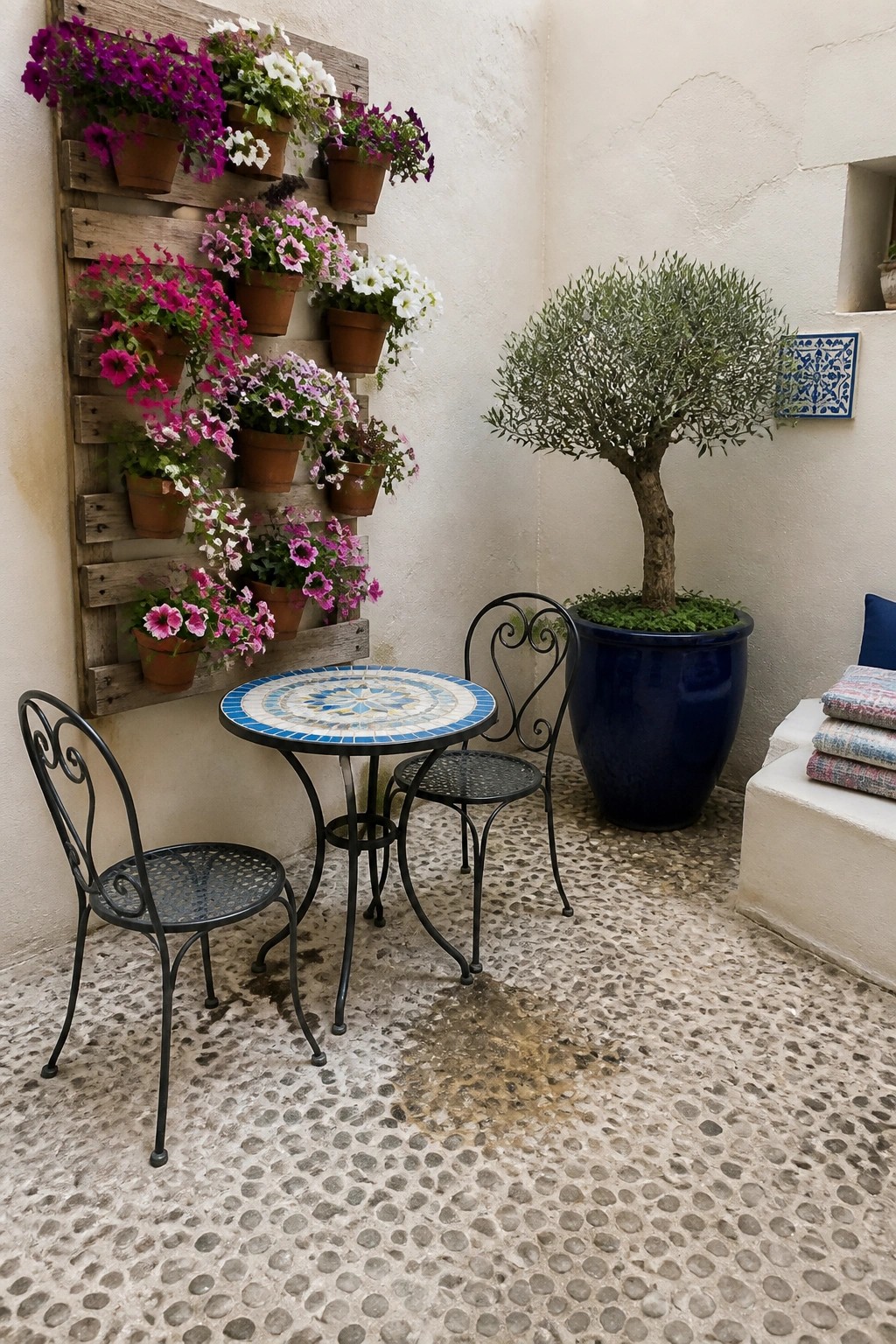Patio with mosaic table, black metal chairs, flower-covered wall, and large blue pot.