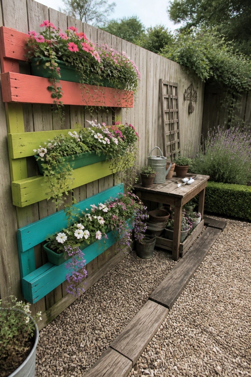 Three painted wooden pallets mounted on a fence as planters, holding pink, white, and purple trailing flowers beside a gravel path.
