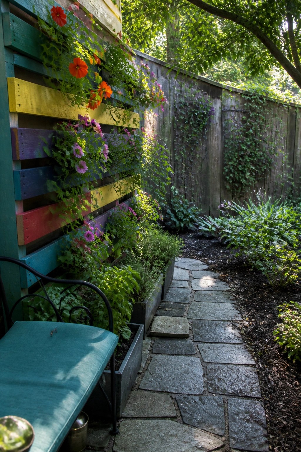 A multicolored wooden pallet mounted vertically as a planter filled with flowers and trailing plants next to a stone path in a garden.