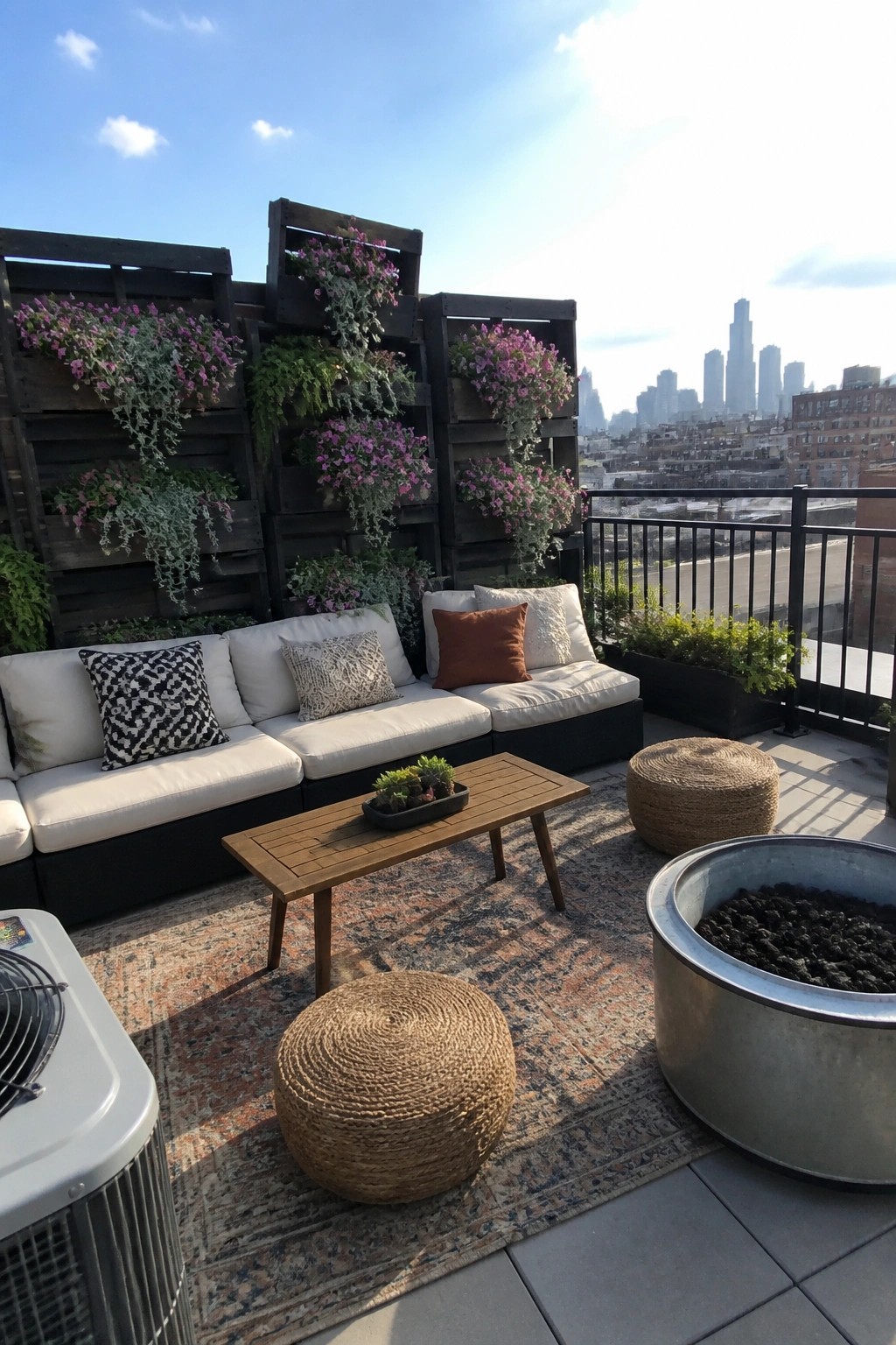 Rooftop patio with dark wooden pallet planters mounted on the wall holding purple and green trailing plants behind an outdoor sectional sofa.
