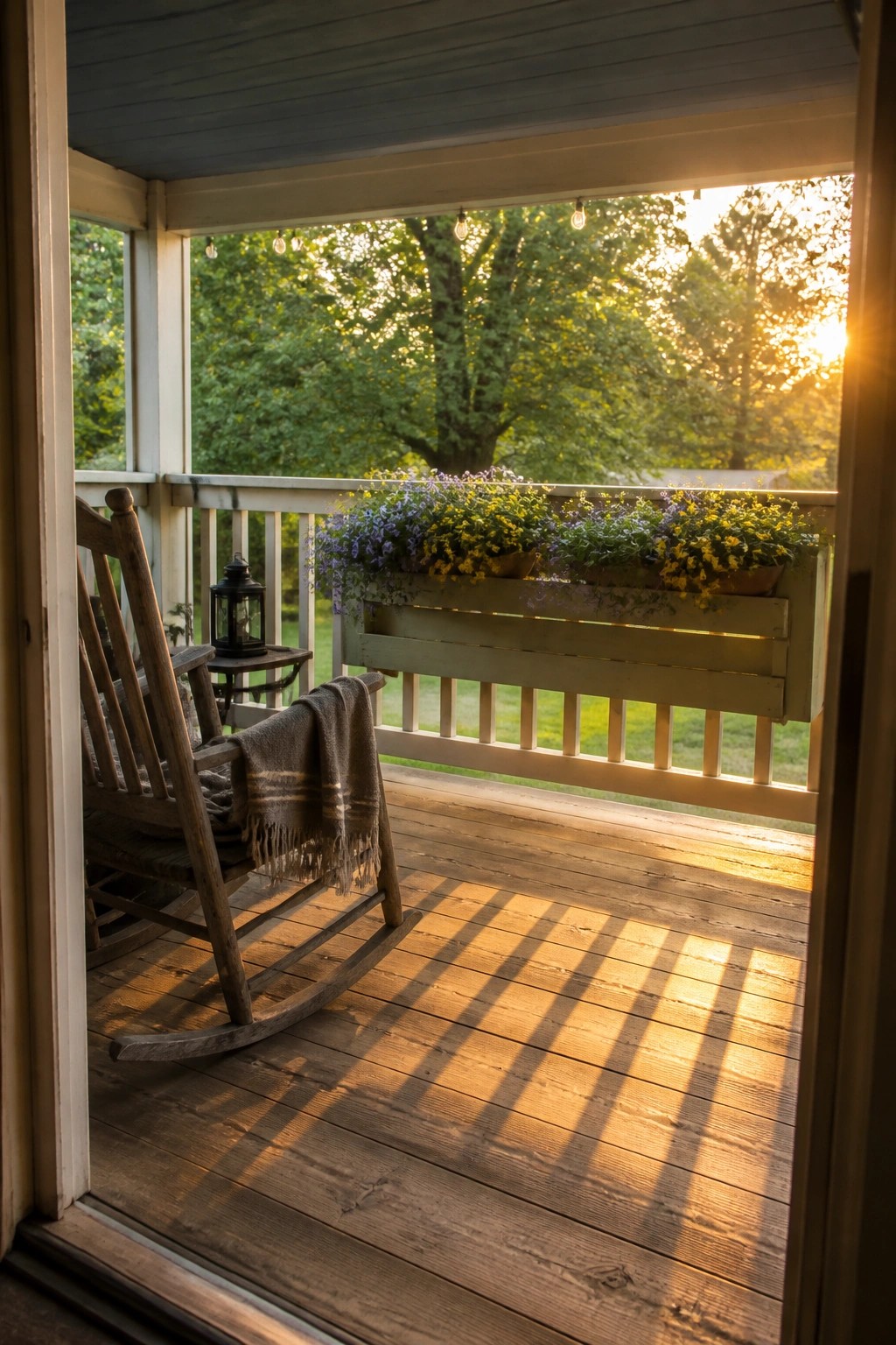 A wooden porch viewed from a doorway, featuring a rocking chair with a blanket and a pallet planter filled with yellow and purple flowers mounted on the railing.