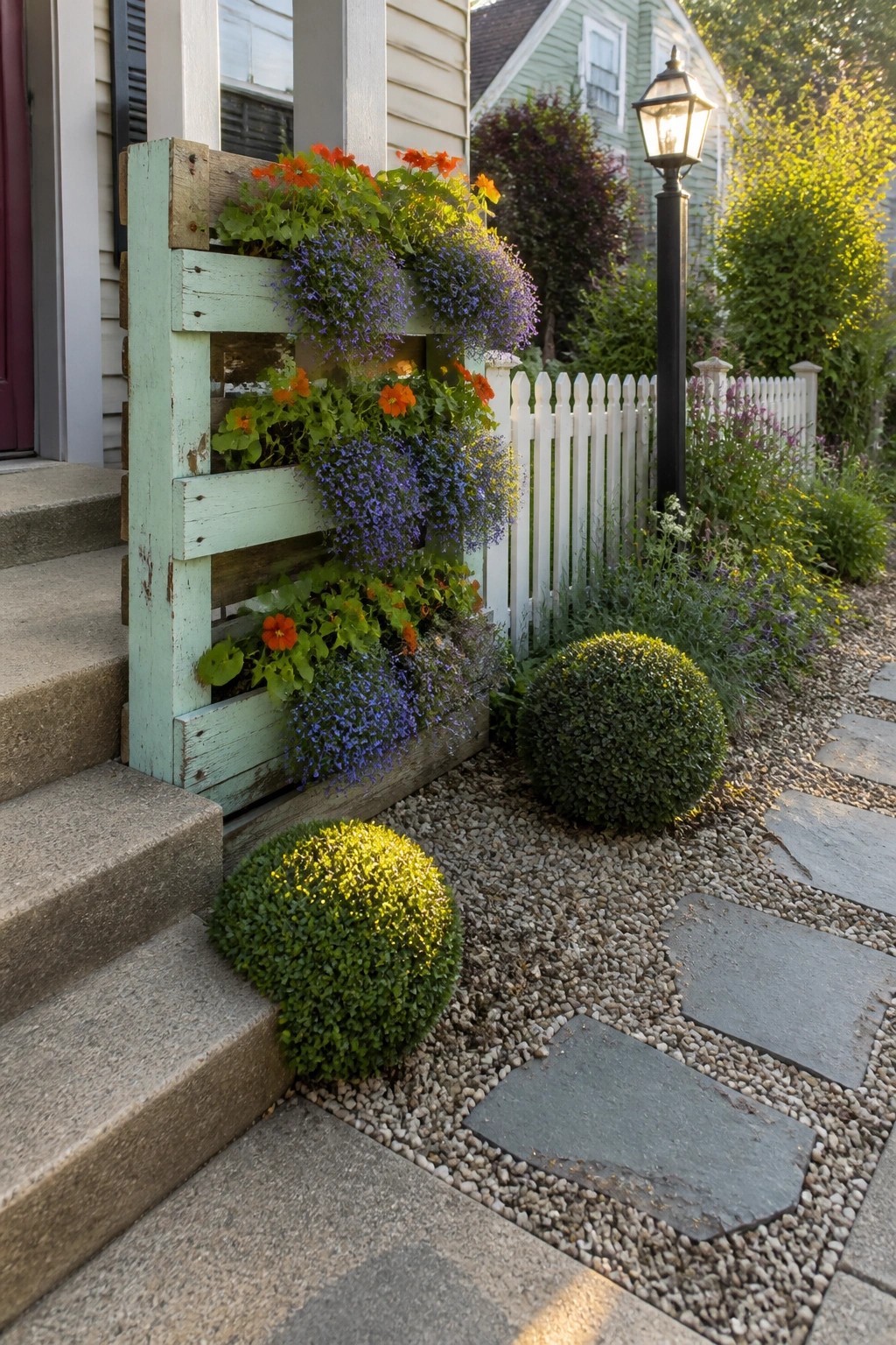 Rustic mint-green pallet planter blooming with orange and purple flowers by gravel path
