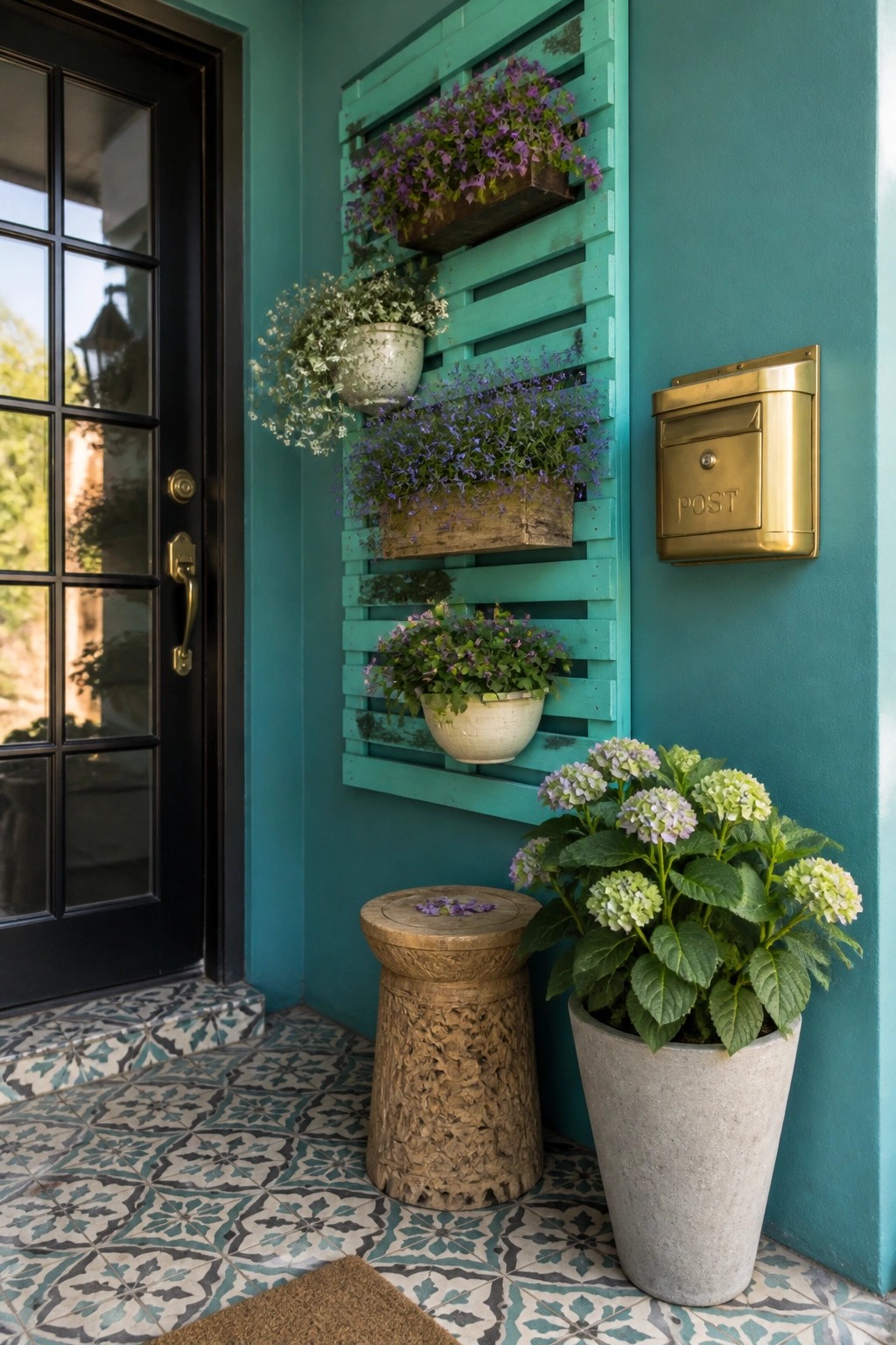 Turquoise wall with wooden pallet planters, black door, brass mailbox, and potted flowers