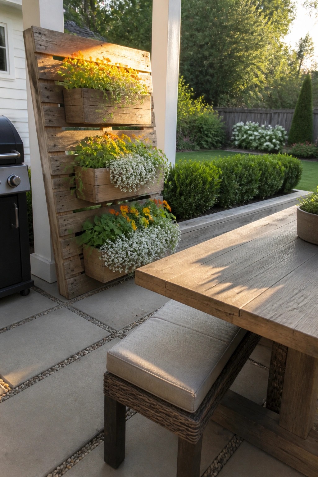 Wooden pallet vertical planter with colorful flowers beside outdoor dining table
