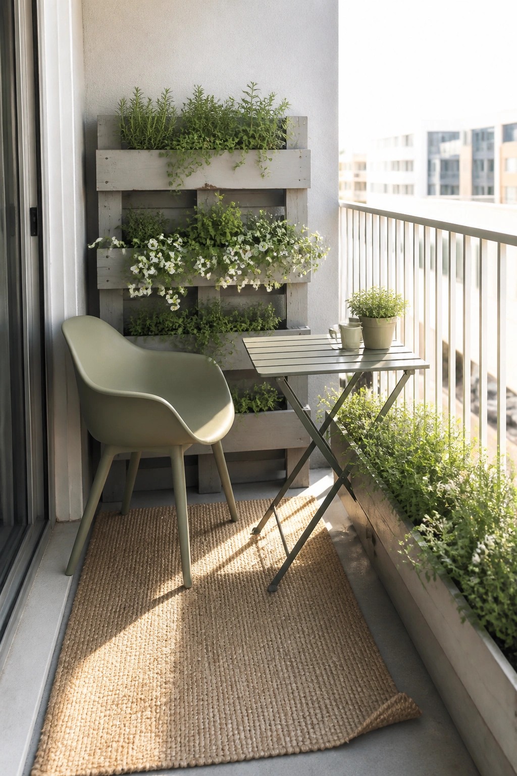 A wooden pallet mounted vertically on a balcony wall holds multiple rows of green plants and white trailing flowers beside a small folding table and chair.