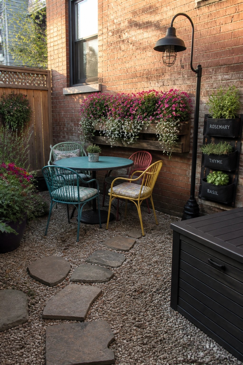 Cozy patio with colorful chairs around teal table, pink flowers, and stone path.