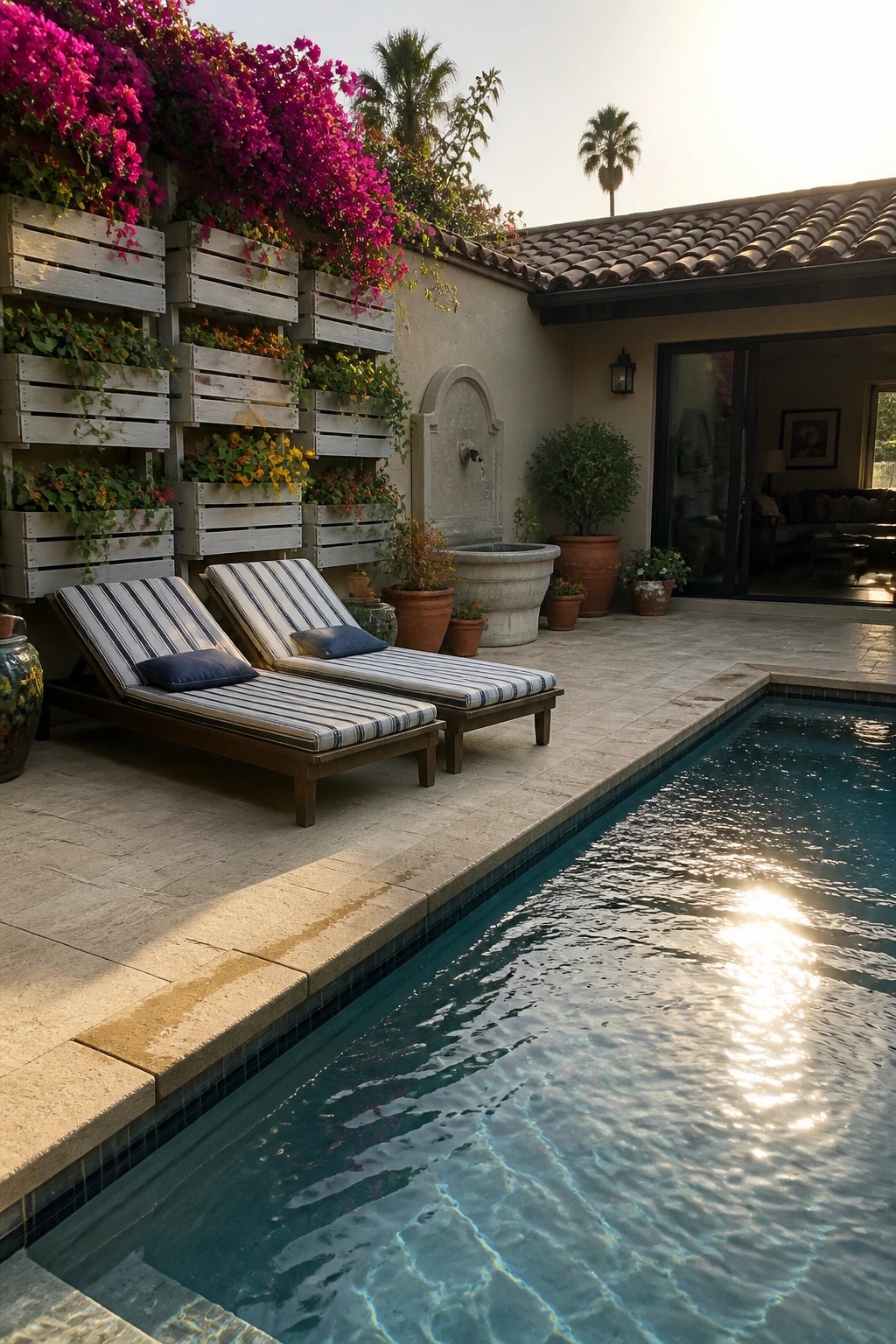 Backyard pool deck with two lounge chairs beside a wall lined with stacked wooden pallet planters holding pink and yellow flowers.