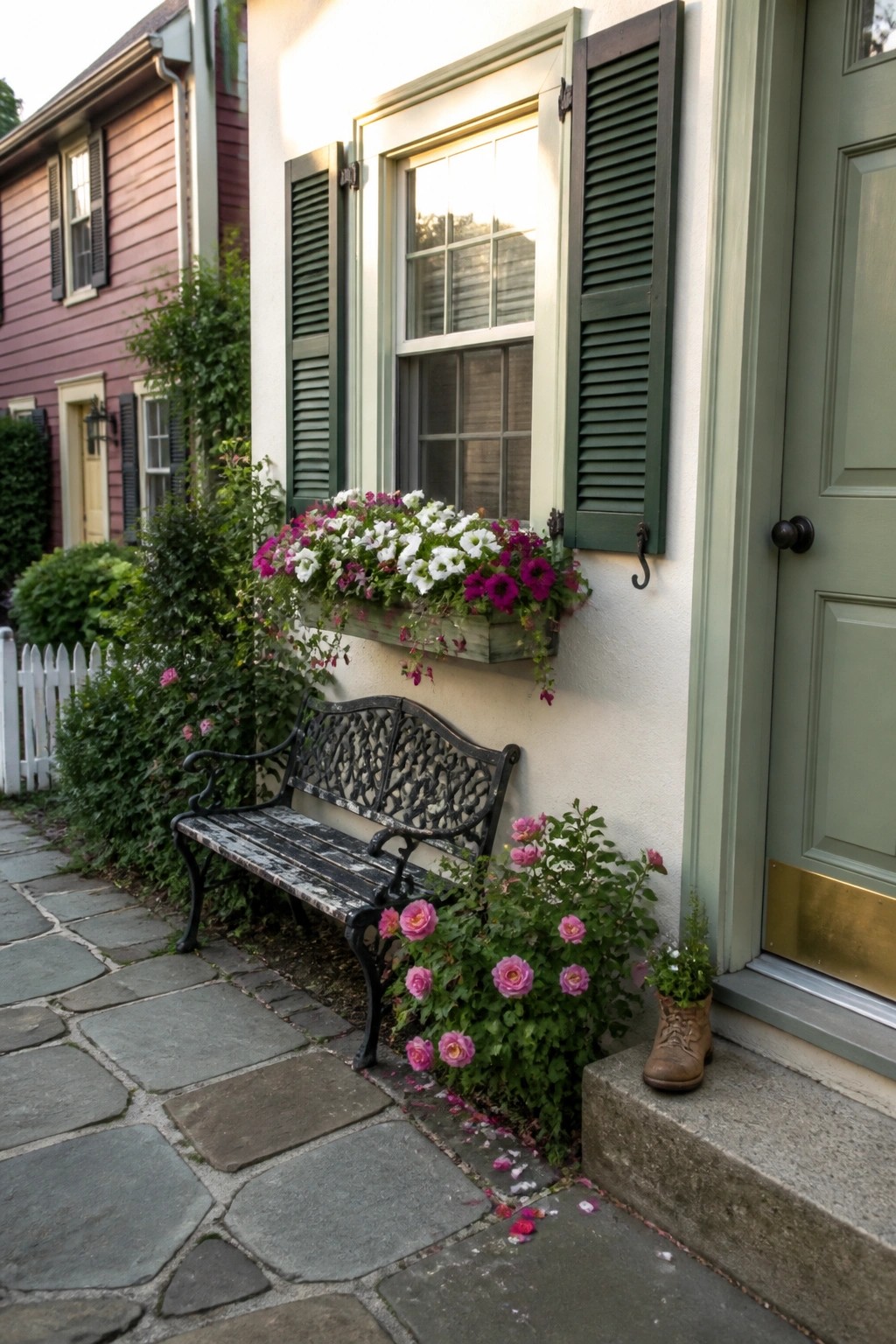 A green house exterior shows a window with dark shutters and a wooden planter box below it filled with white, pink, and purple trailing flowers, next to a green door and a black bench.