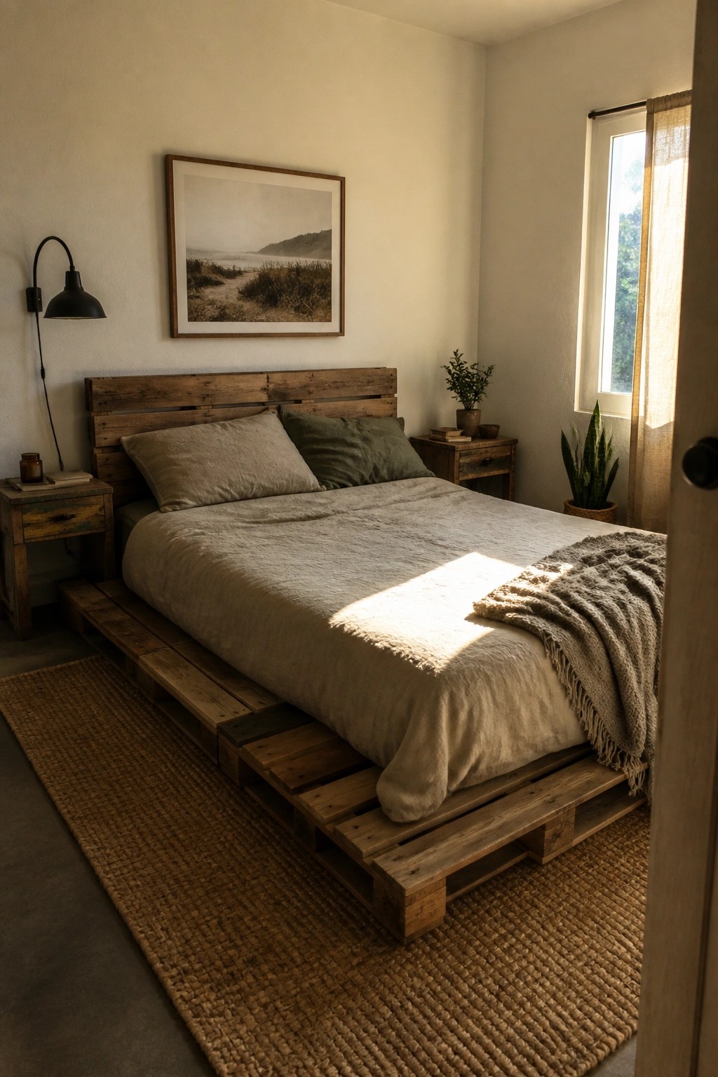 A bedroom with a bed frame made from stacked wooden pallets, neutral bedding, a large framed landscape print on the wall, and a woven rug on the floor.