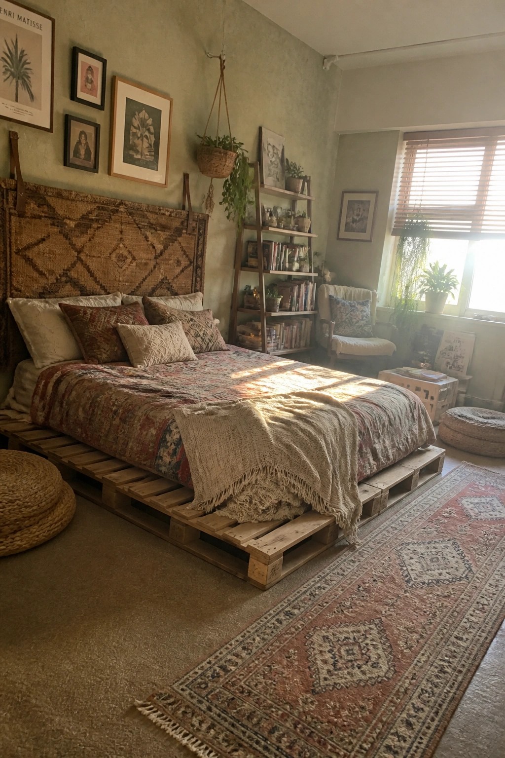 A bedroom with a bed resting on stacked wooden pallets, layered rugs on the floor, and various textiles and wall art around the space.
