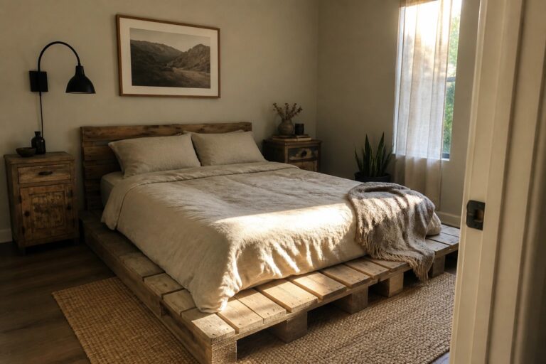 24 Cozy Pallet Bed Ideas Built Around Low Platform Frames A bedroom with a bed frame made from stacked wooden pallets, neutral bedding, a large framed landscape print on the wall, and a woven rug on the floor.