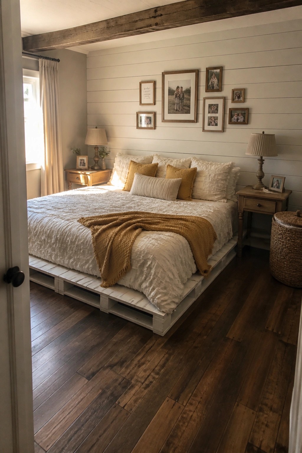 A bedroom with a low white-painted pallet bed frame, white bedding, mustard pillows, and framed photos arranged on the wall above the bed.