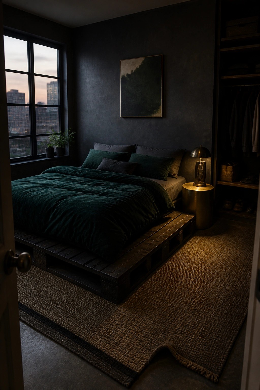A bedroom with a bed on a dark wooden pallet platform, green velvet bedding, a woven rug, and a large window at dusk.
