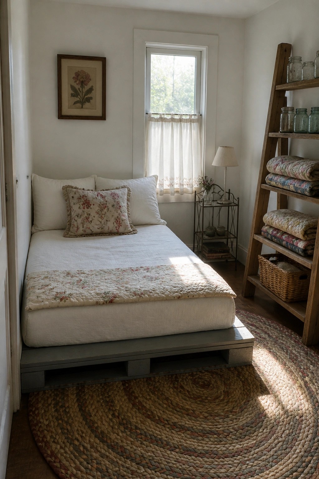 A small bedroom with a low bed resting on a gray wooden pallet platform, white bedding with a floral quilt at the foot, a round braided rug, and a tall wooden shelf holding folded quilts.