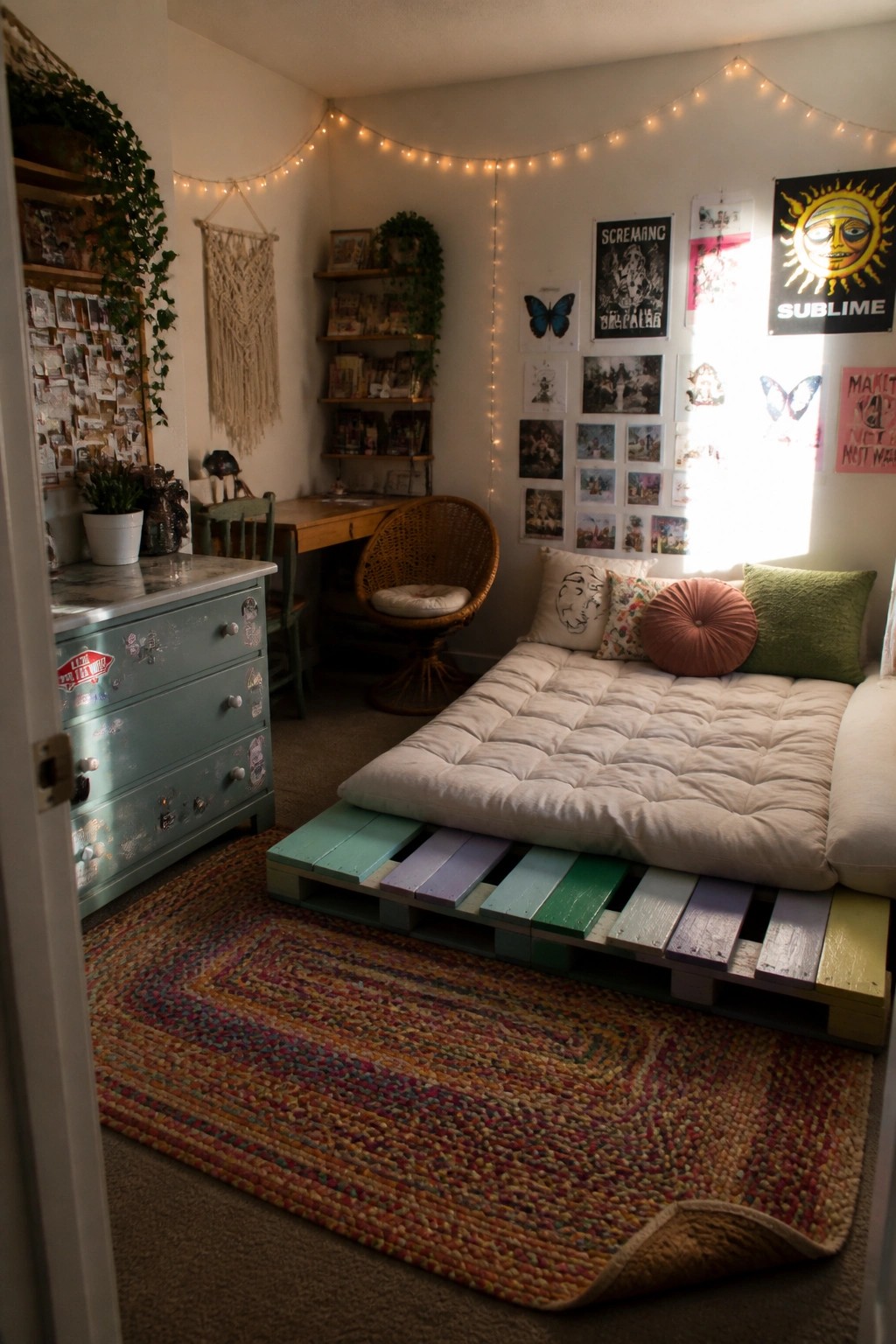 A bedroom featuring a low bed platform constructed from multicolored wooden pallets with a white mattress on top.