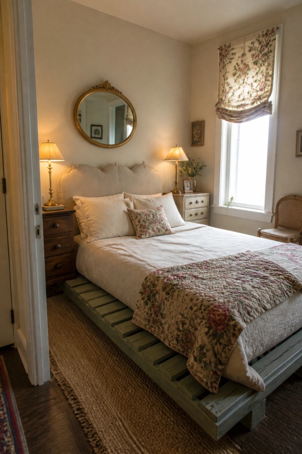 A bedroom with a low platform bed made from painted wooden pallets, topped with white pillows and a floral quilt.