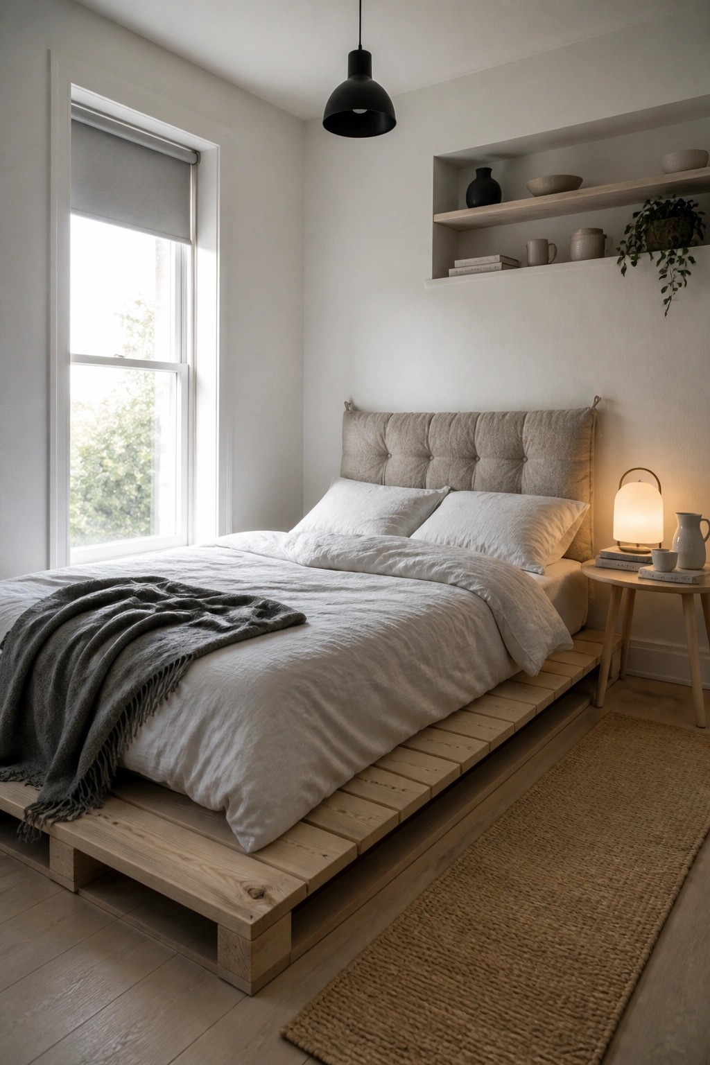 A bedroom featuring a bed on a low light wood pallet platform with white bedding, two pillows, a gray throw, a small side table with a lit lamp, and a window on the left wall.