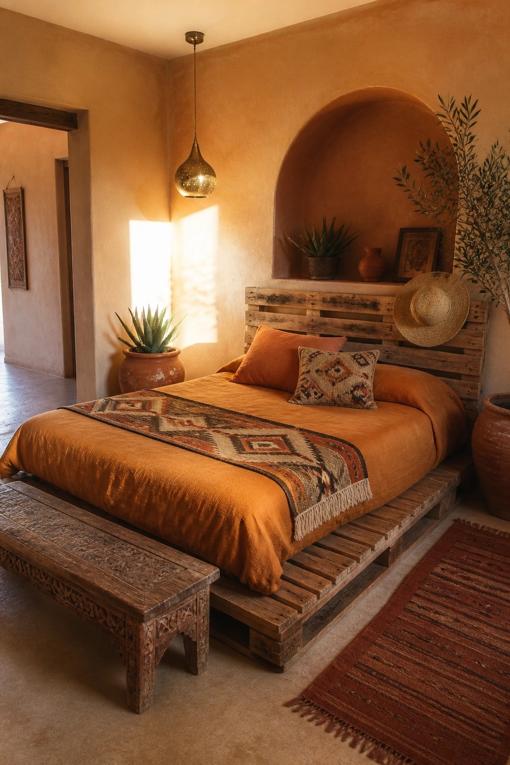 A bedroom featuring a low bed frame constructed from wooden pallets, dressed with orange bedding and a patterned runner.