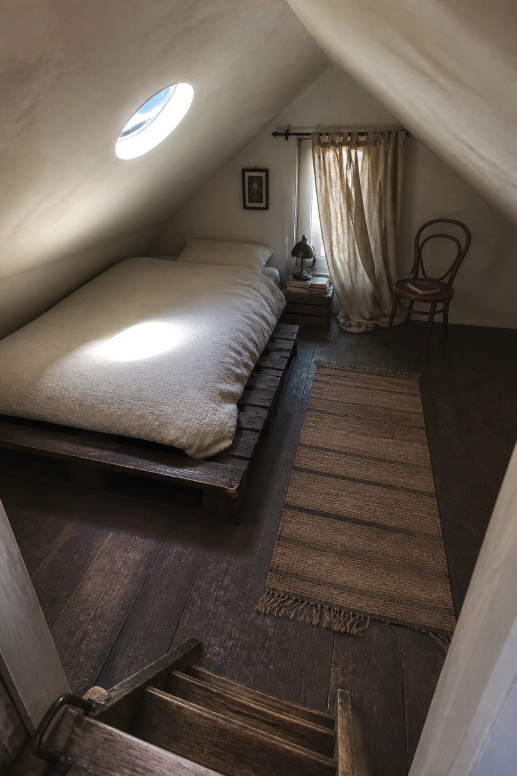 An attic bedroom with a bed resting on a dark wooden pallet platform, a long woven rug on dark floorboards, and a round window in the sloped ceiling.