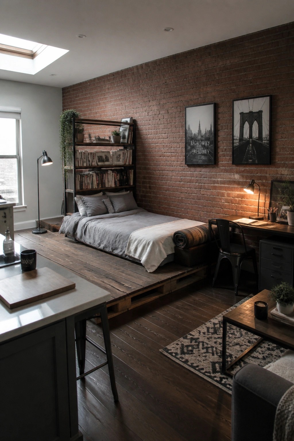 A bedroom with a low bed built on wooden pallets against a red brick wall, a desk to the right, and open shelving above the bed.
