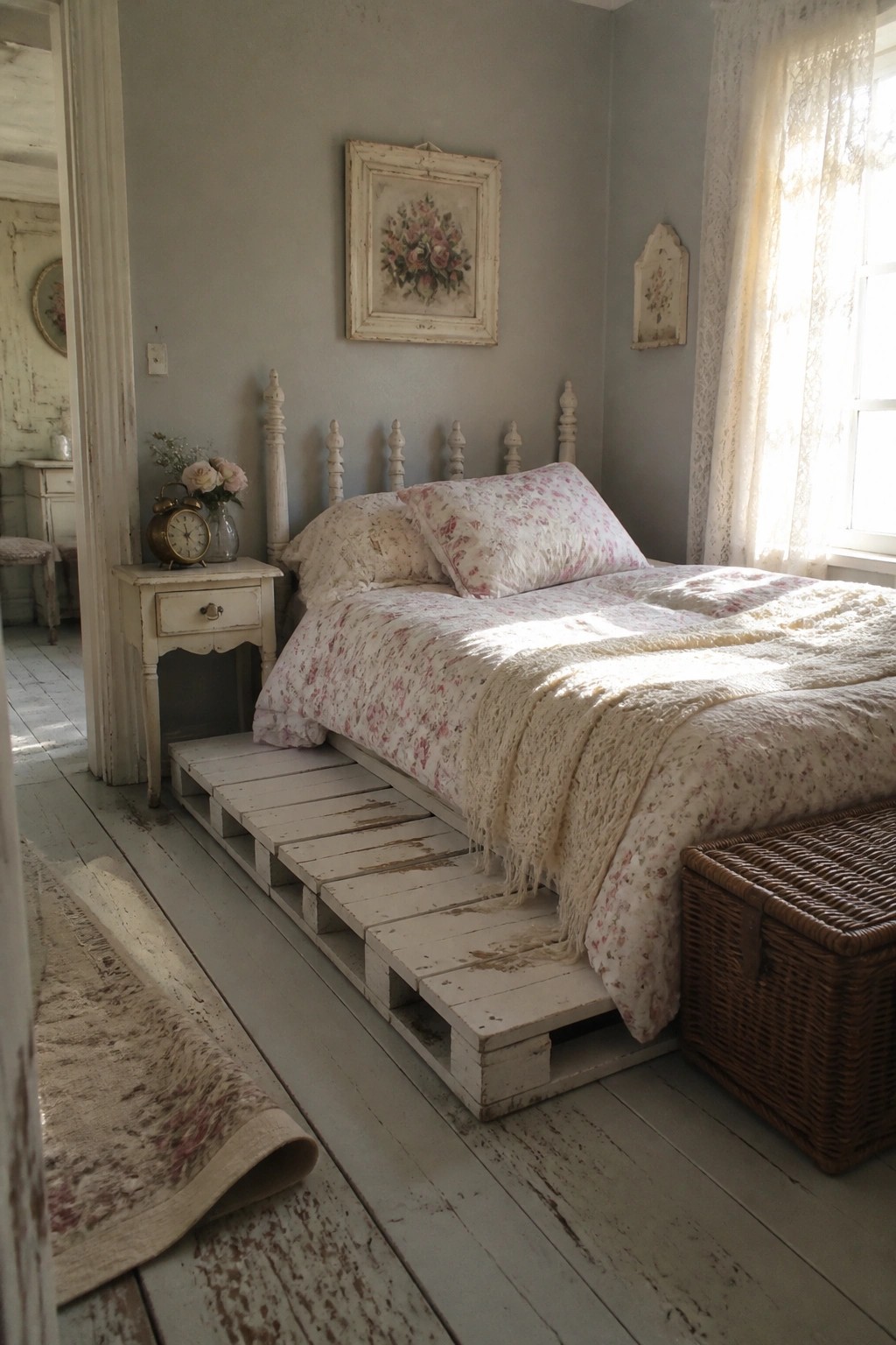 A bedroom featuring a low bed frame constructed from white painted wooden pallets, with floral bedding and a knitted throw.
