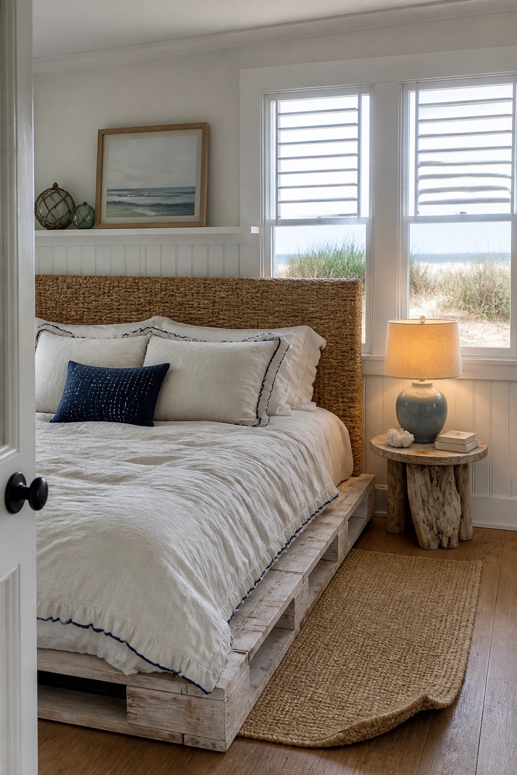 A bedroom featuring a bed on a whitewashed wooden pallet platform with white bedding, a woven headboard, and two windows with a beach view.