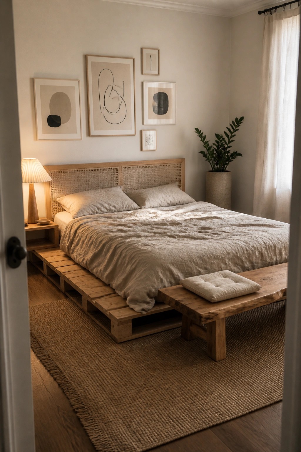 A bedroom featuring a low wooden pallet platform bed with beige bedding, a matching wooden bench at the foot of the bed, a jute rug underneath, and several framed abstract prints on the wall above the headboard.