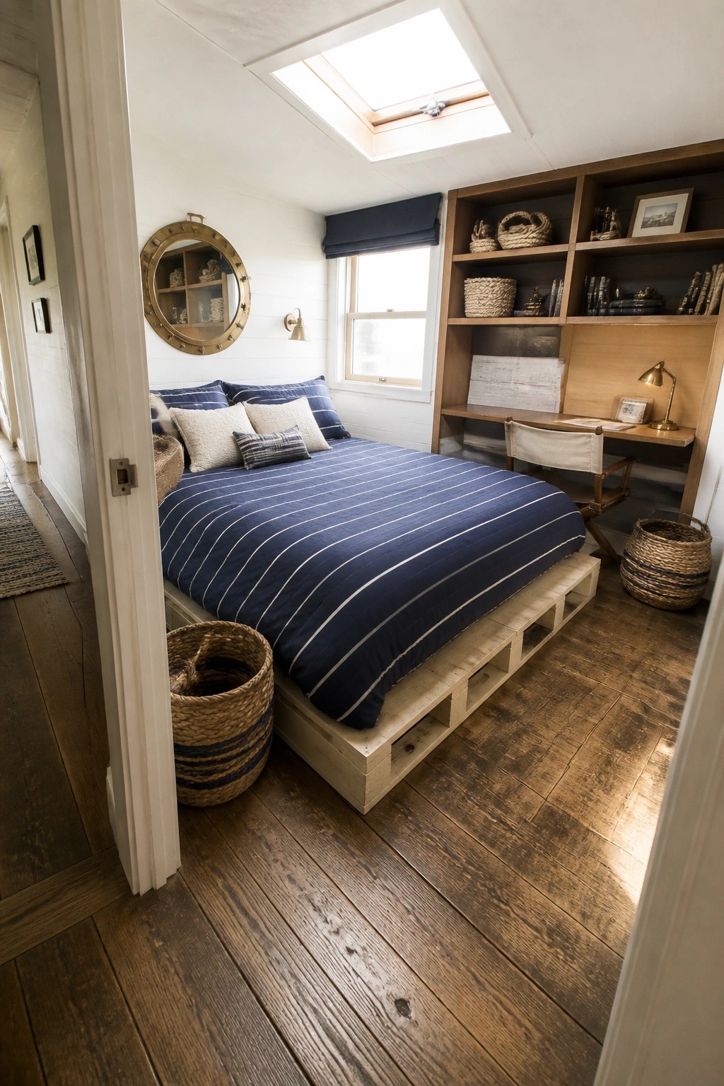 A bedroom with a bed on a low wooden pallet platform covered in blue striped bedding, positioned beside a built-in wooden desk and shelving unit.