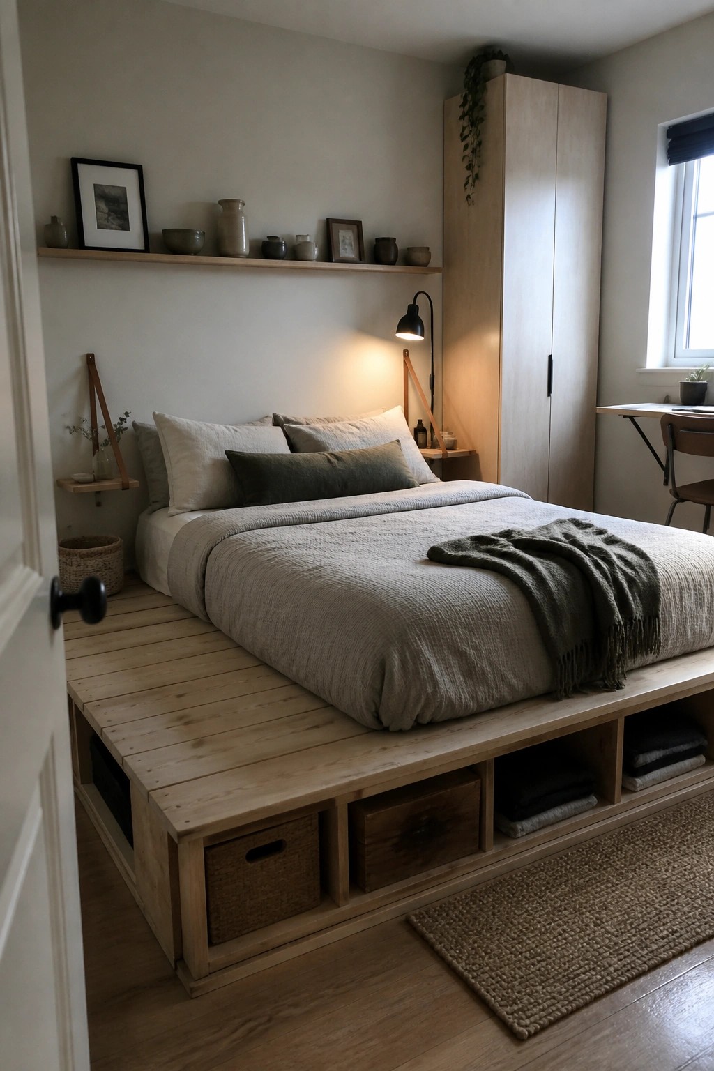 A low wooden platform bed with open storage cubbies holding baskets and folded items, set against a light wall with a long shelf above it.
