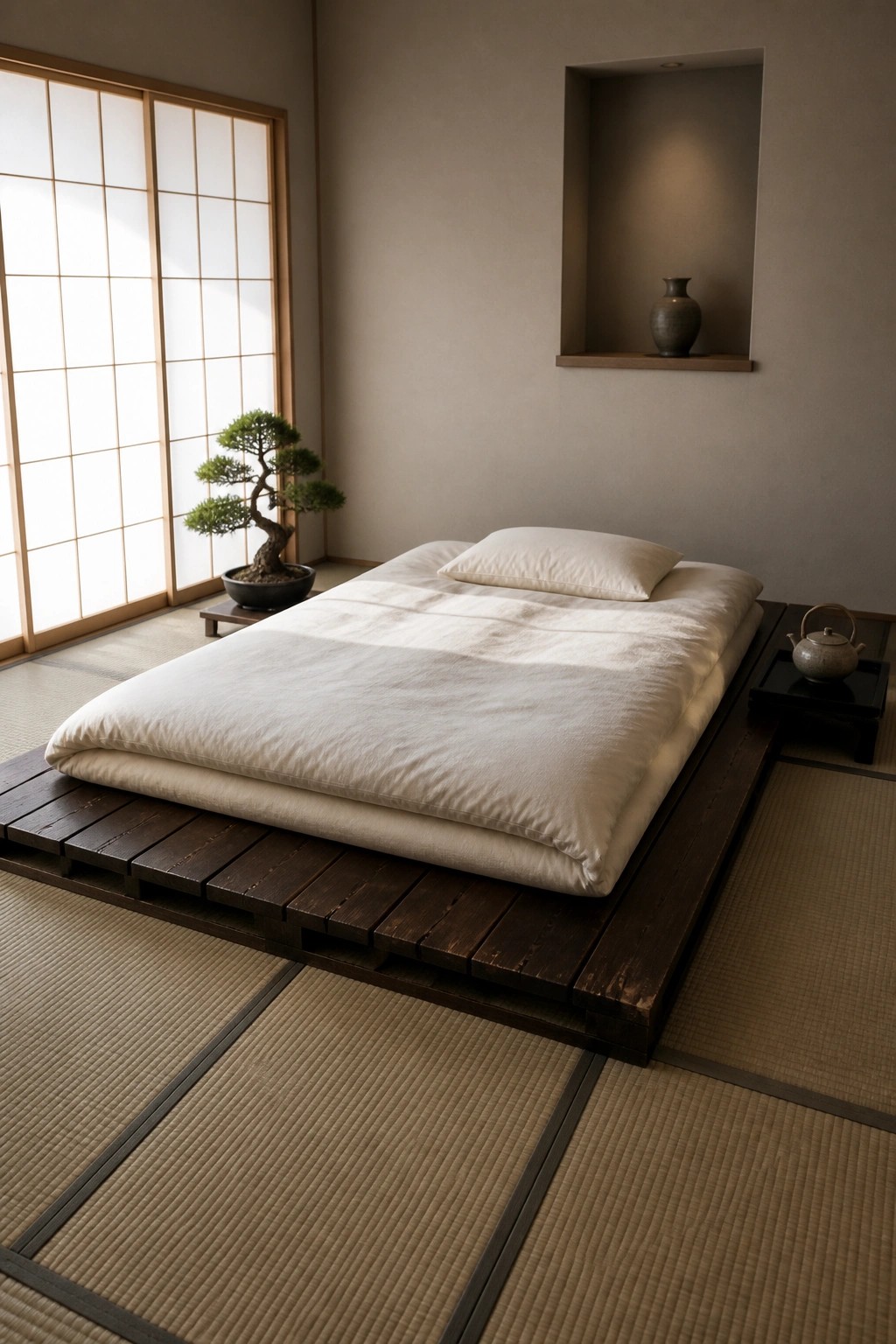 A low bed with white bedding rests on a dark wooden slatted platform over tatami mats in a room with shoji screens, a bonsai tree, and a recessed shelf holding a vase.