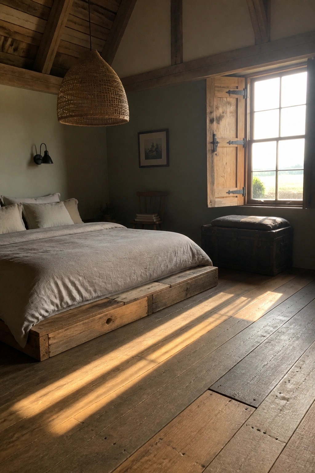 A bedroom featuring a low reclaimed wood platform bed with light bedding, a woven pendant light, and sunlight across the floor from an open window.