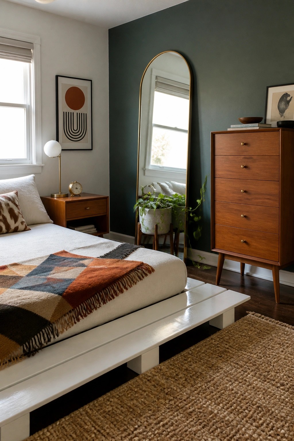 A bedroom with a white low platform bed, white bedding and a patterned throw, a tall gold-framed mirror on a dark green wall, a wooden nightstand, and a wooden dresser.