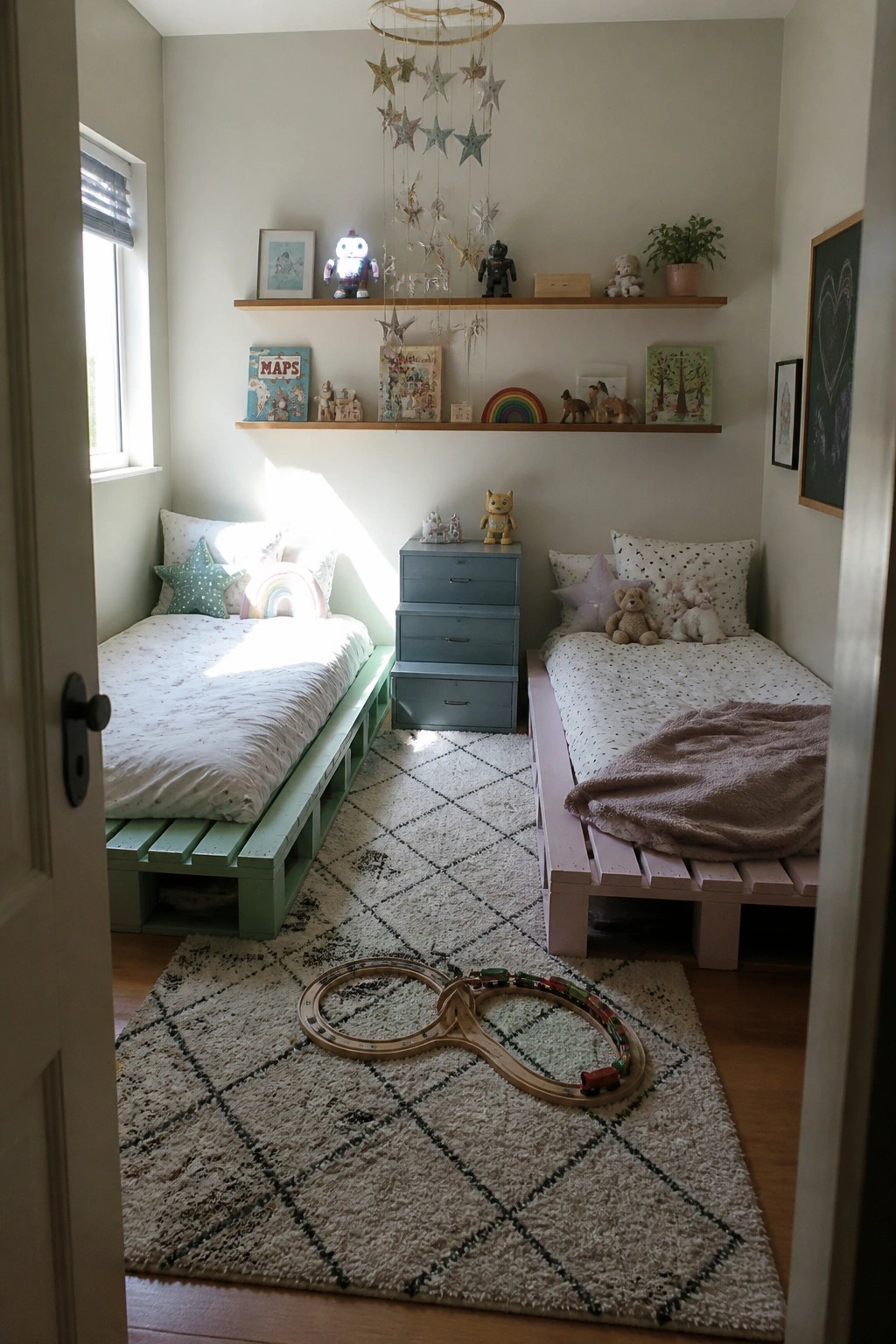 A children's bedroom showing two low pallet beds painted mint green and pink with white bedding, placed on a patterned rug with floating wooden shelves above.