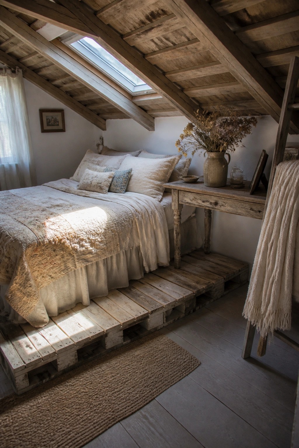 A bedroom with a bed resting on a low wooden pallet platform beneath a slanted wooden ceiling, with sunlight coming through a skylight.