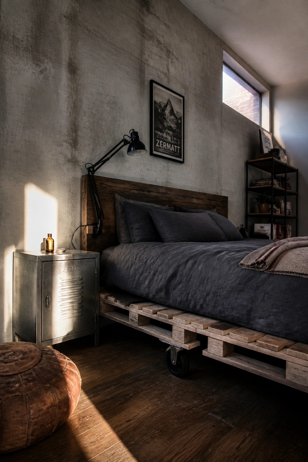 Rustic bedroom with pallet bed, gray bedding, black lamp, and Zermatt poster on concrete wall.