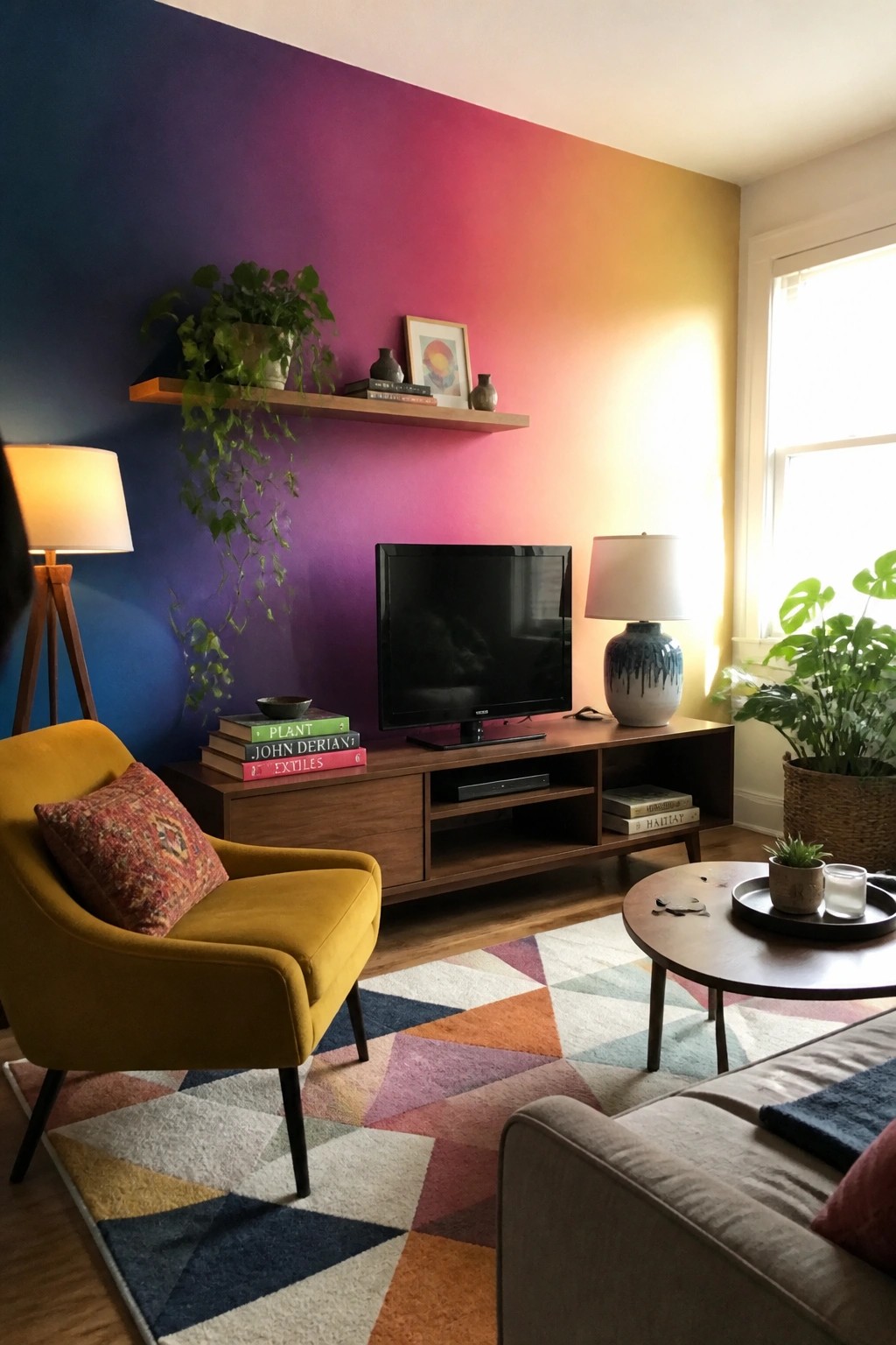 A living room featuring a colorful gradient accent wall transitioning from blue to purple to pink and orange, with a yellow armchair, wooden media console, and floating shelf.