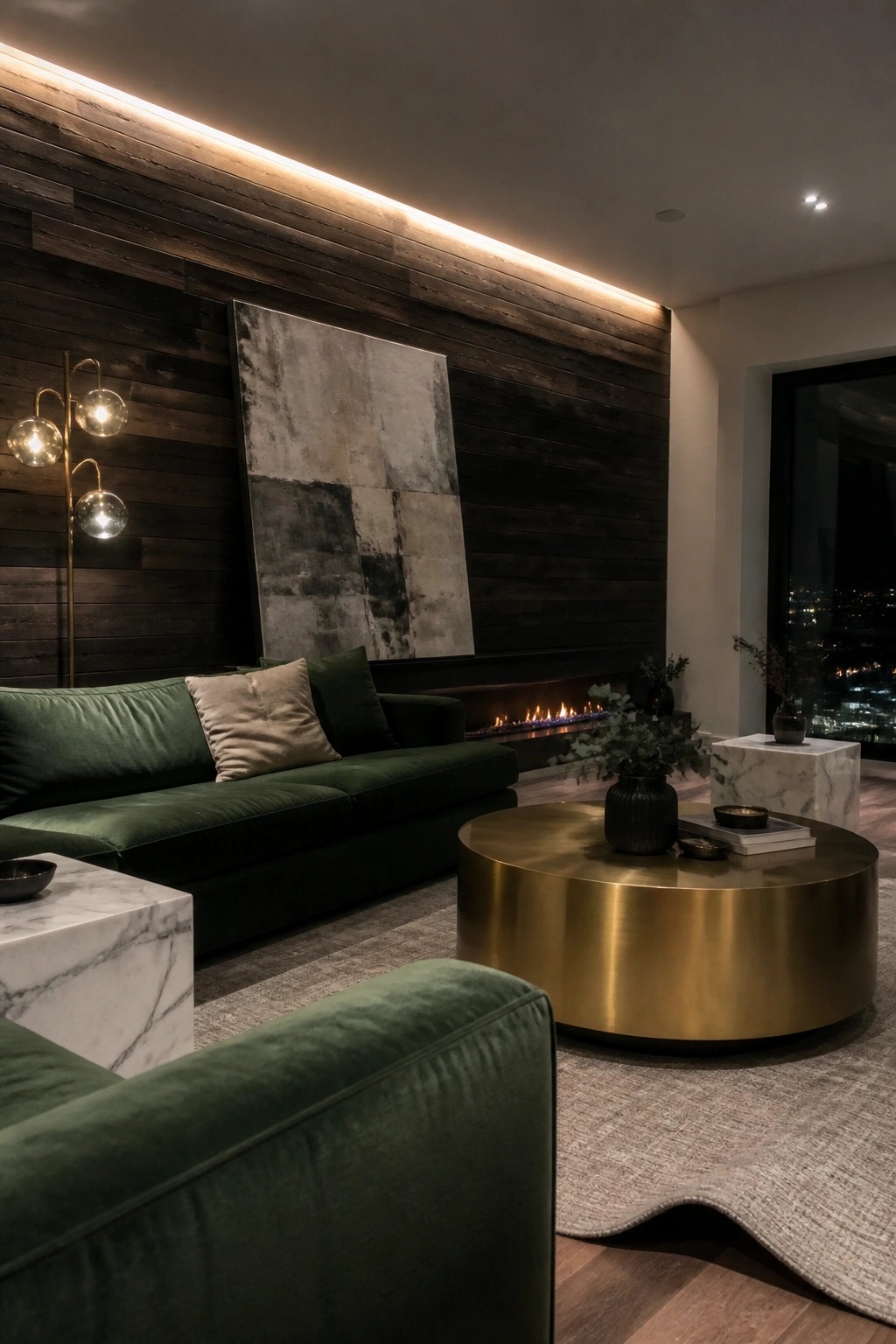 A modern living room with a dark horizontal wood accent wall, linear fireplace, large abstract painting, green velvet sofa, and round brass coffee table.