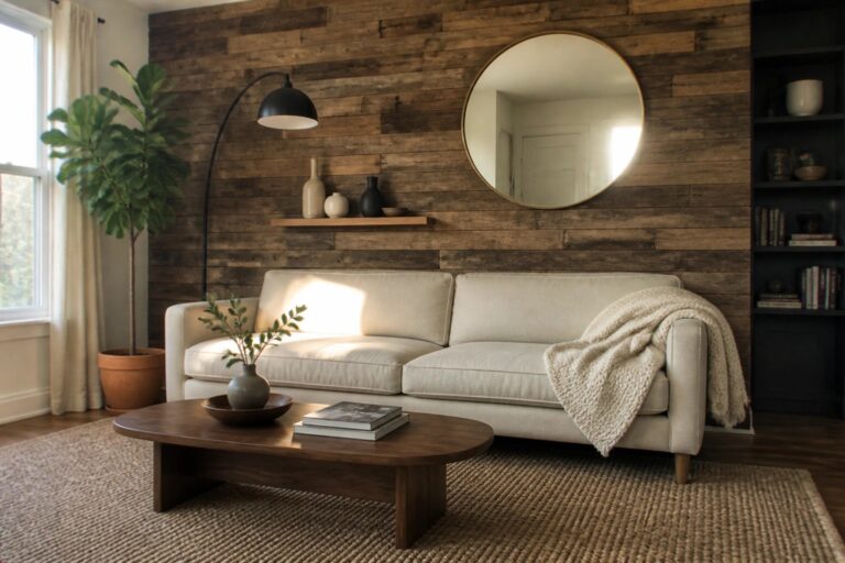Sunlit living room with white sofa, wooden table, fiddle leaf fig, and round mirror.