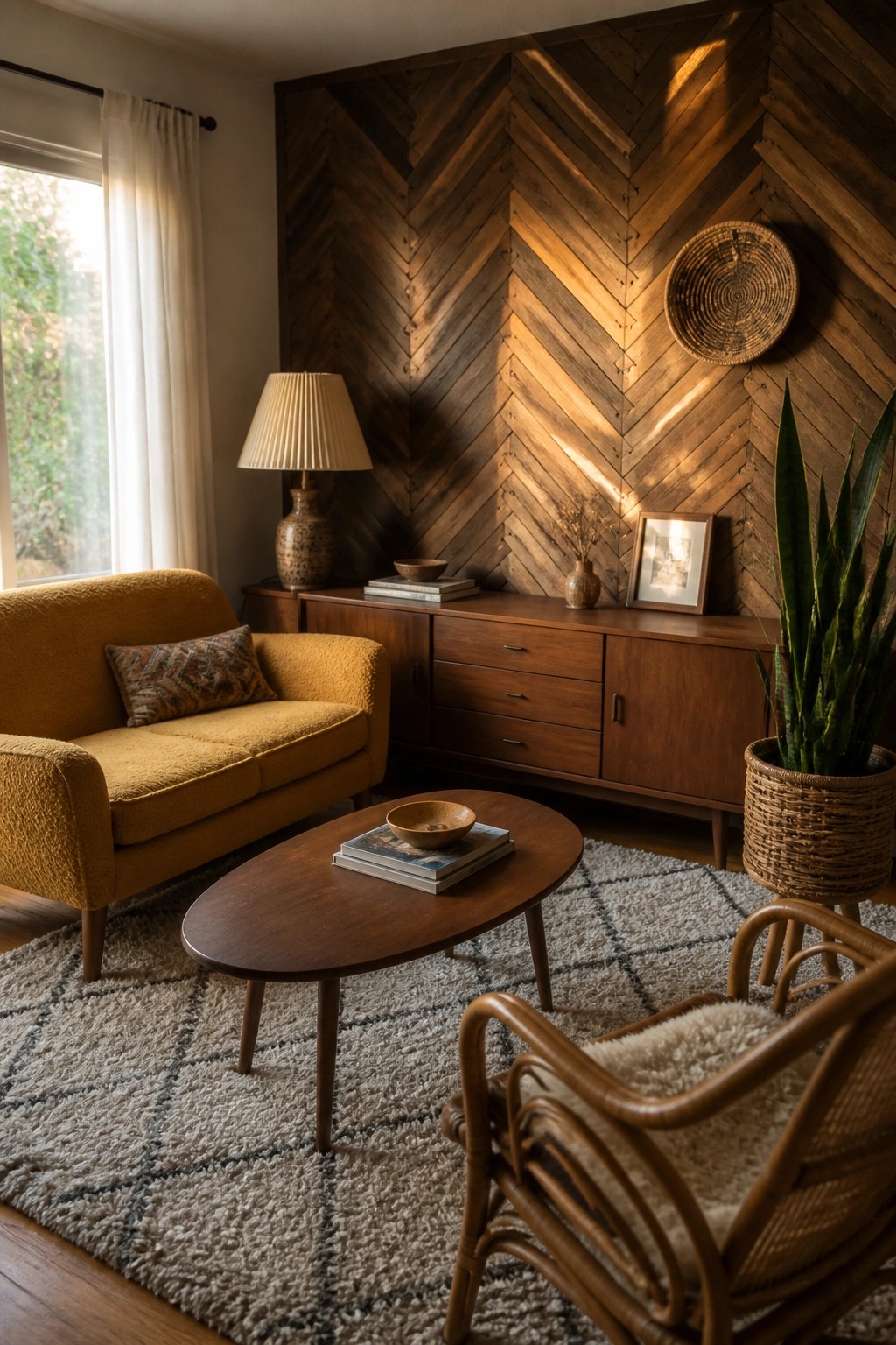 Cozy mid-century room with yellow sofa, wooden credenza, oval table, and rattan chair.