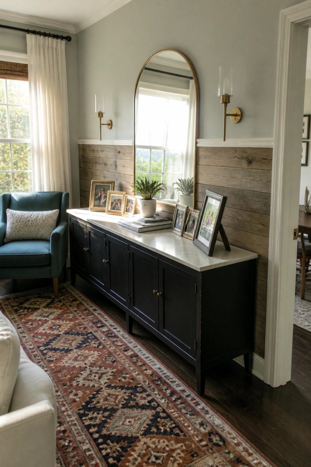 A living room with a lower wood plank accent wall behind a dark console table, an arched mirror, and wall sconces.